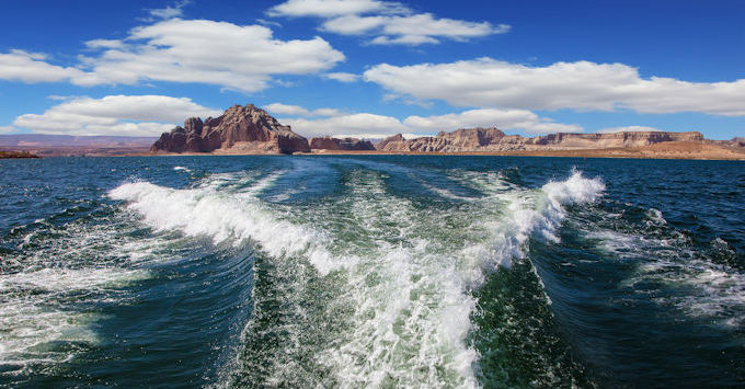 The wake of a boat on the water in Arizona